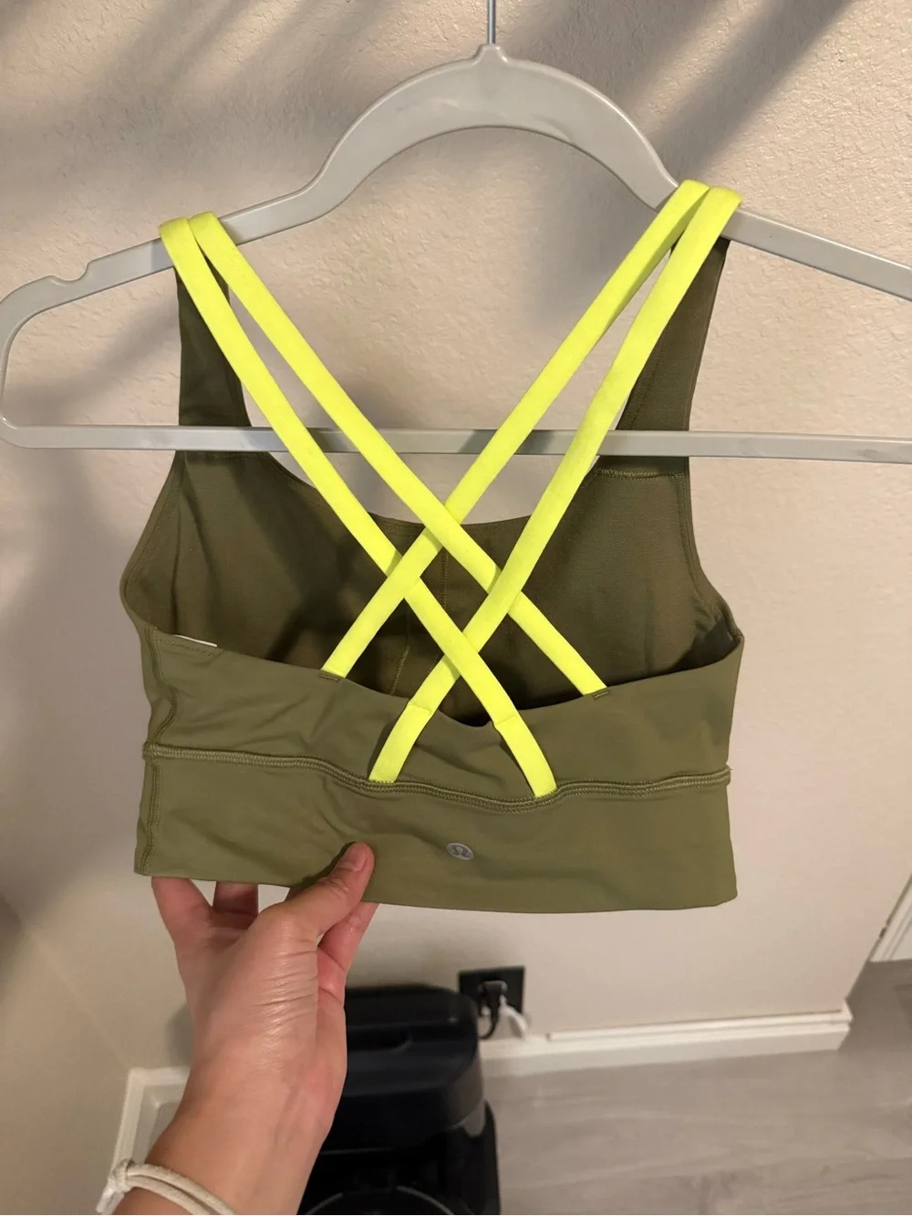 Lululemon Energy Bra Longline Olive Green Neon Yellow Straps Size 6